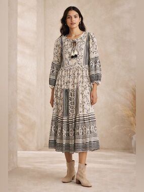 Anthro Talulah Tiered Midi Dress Tassel Tie Boho XS Peasant Cottagecore Festival